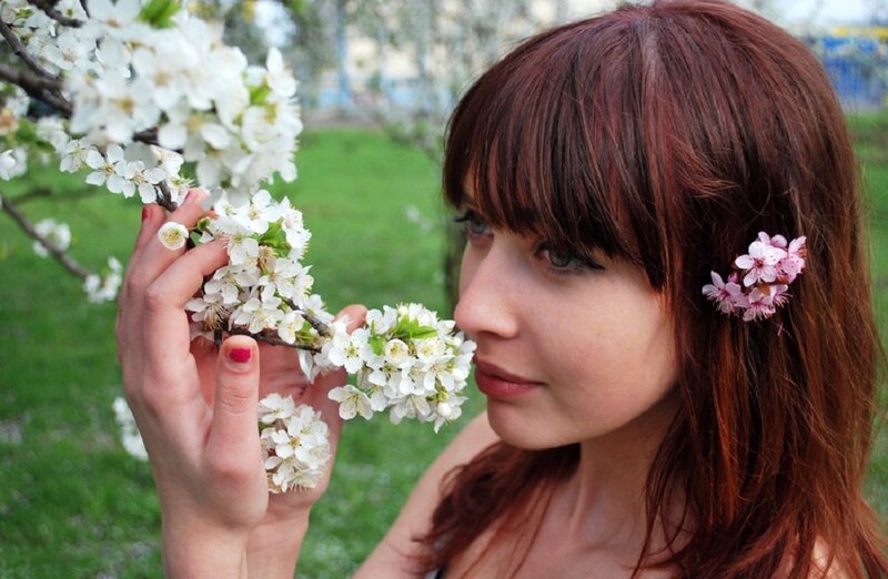 Woman Smelling Cherry Blossoms — Brown
