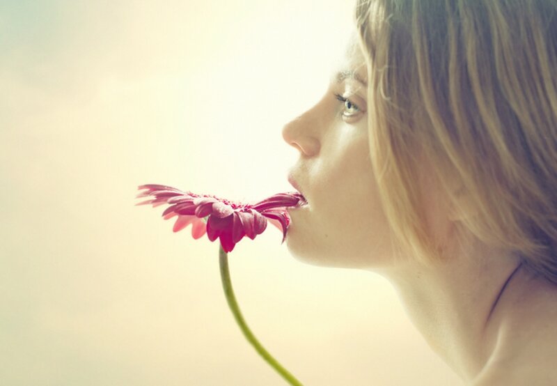 Woman Smelling Flower — Pink, Serene