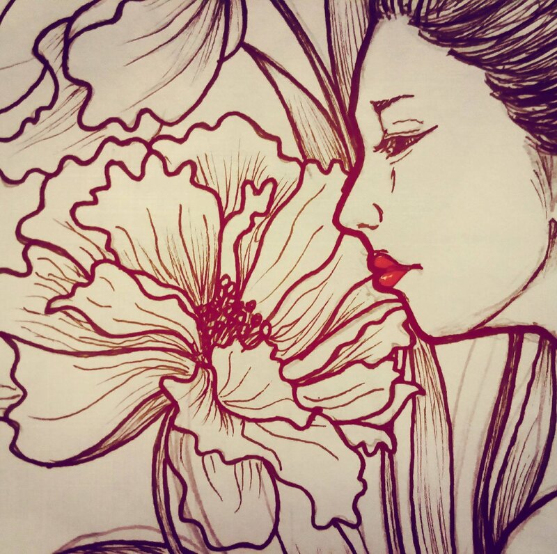 Woman Smelling Flower — Red, Calm
