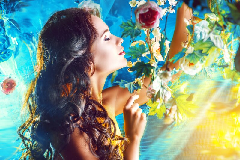 Woman Smelling Flowers — Blue, Serene