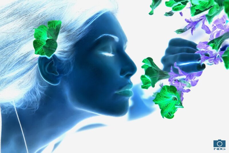 Woman Smelling Flowers — Blue