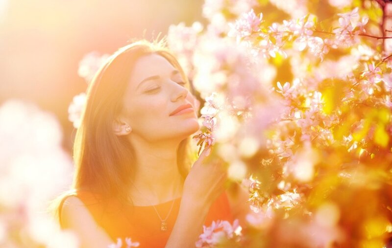 Woman Smelling Flowers — Pink, Serene, Spring, Photograph