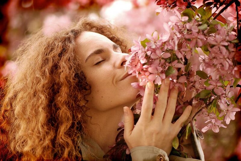 Woman Smelling Flowers — Pink