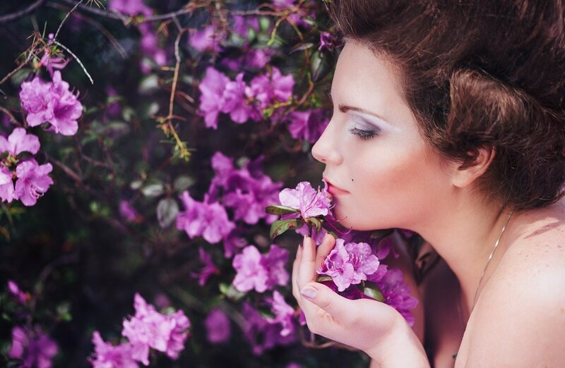 Woman Smelling Flowers — Purple, Serene