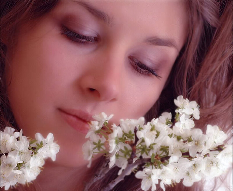 Woman Smelling Flowers — White