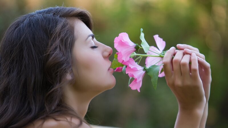 woman smelling pink flowers