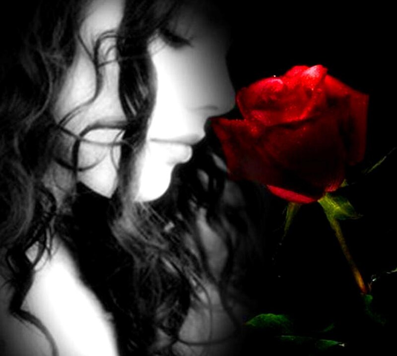 Woman Smelling Rose — Black, Dramatic, Photograph