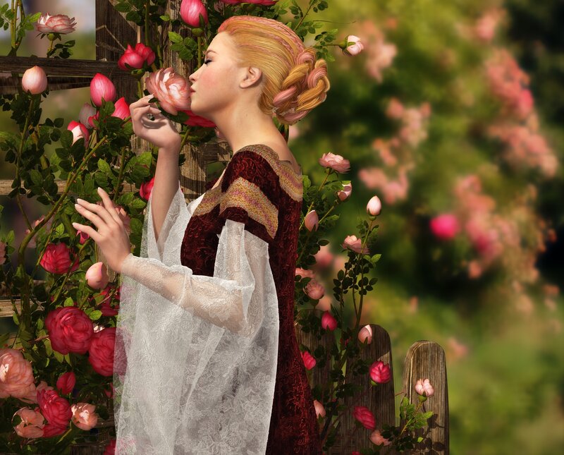 Woman Smelling Rose — Pink, Serene, Afternoon, 3d Render