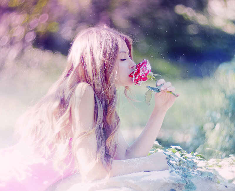 Woman Smelling Rose — Pink, Serene, Spring