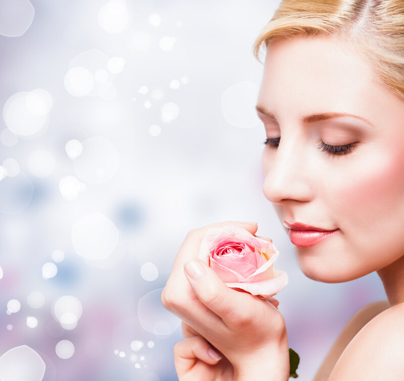 Woman Smelling Rose — Pink, Serene