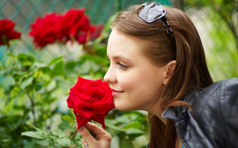 Woman Smelling Rose — Red, Calm, Afternoon