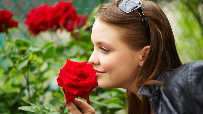 Woman Smelling Rose — Red, Calm