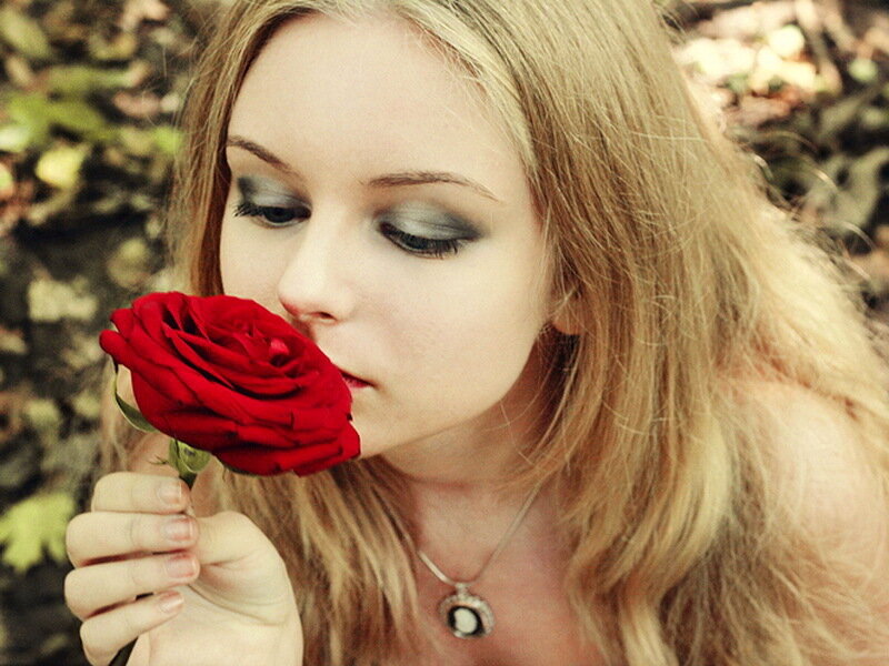 Woman Smelling Rose — Red, Serene