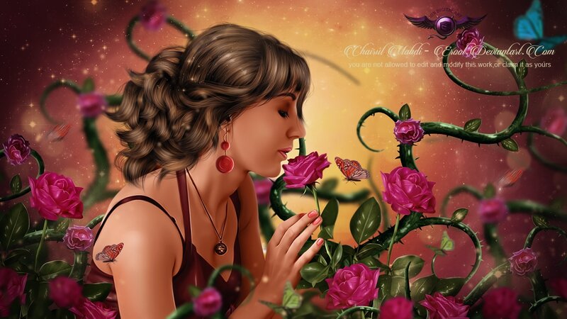 Woman Smelling Roses — Pink, Serene, Sunset