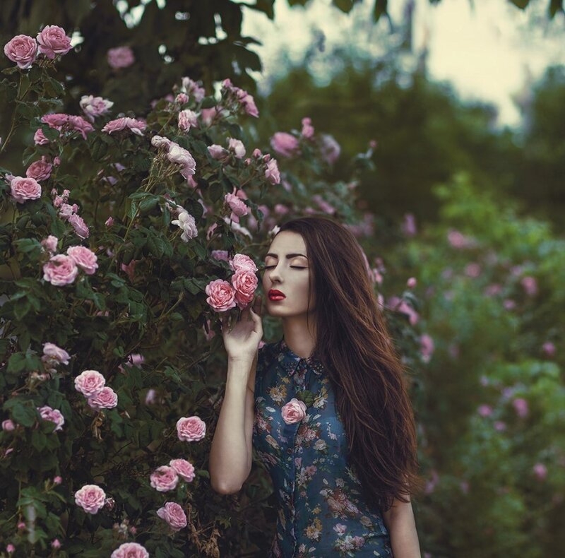 Woman Smelling Roses — Pink, Serene