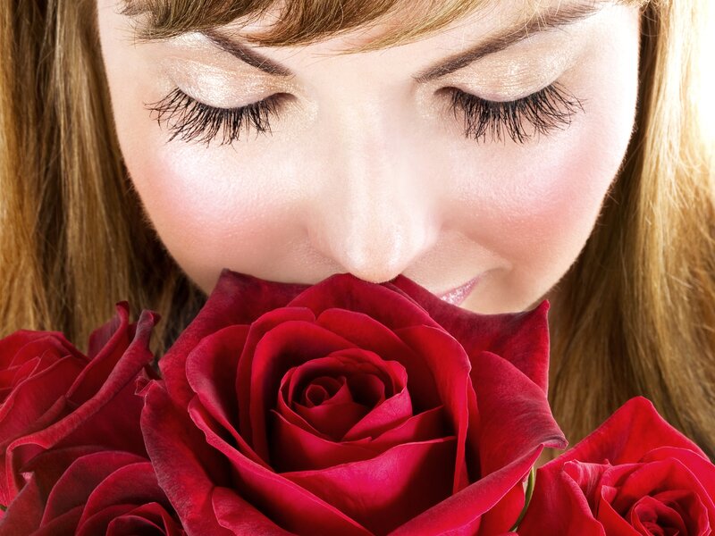 Woman Smelling Roses — Red