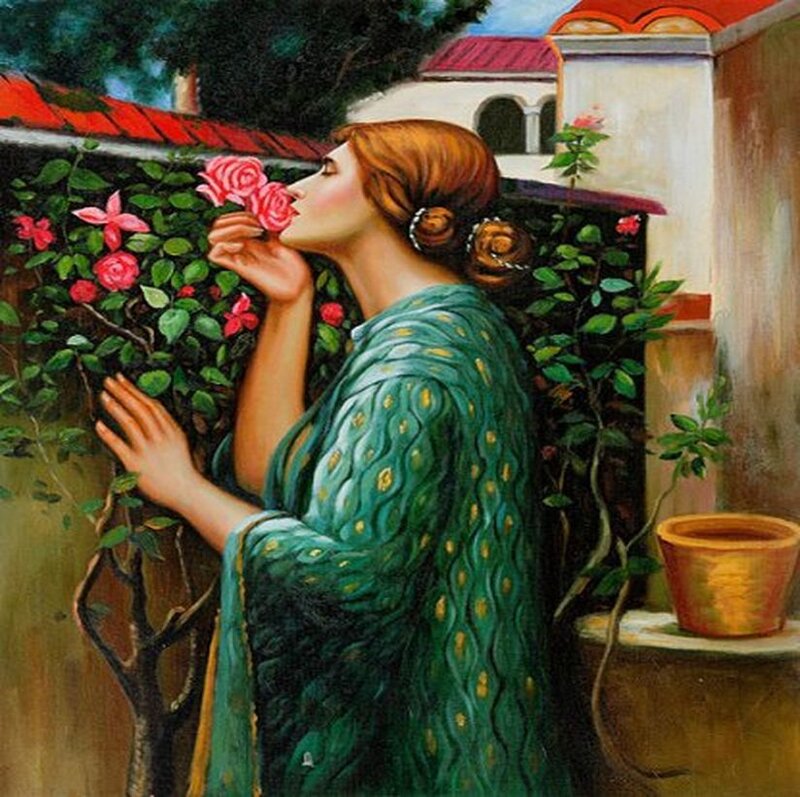 Woman Smelling Roses