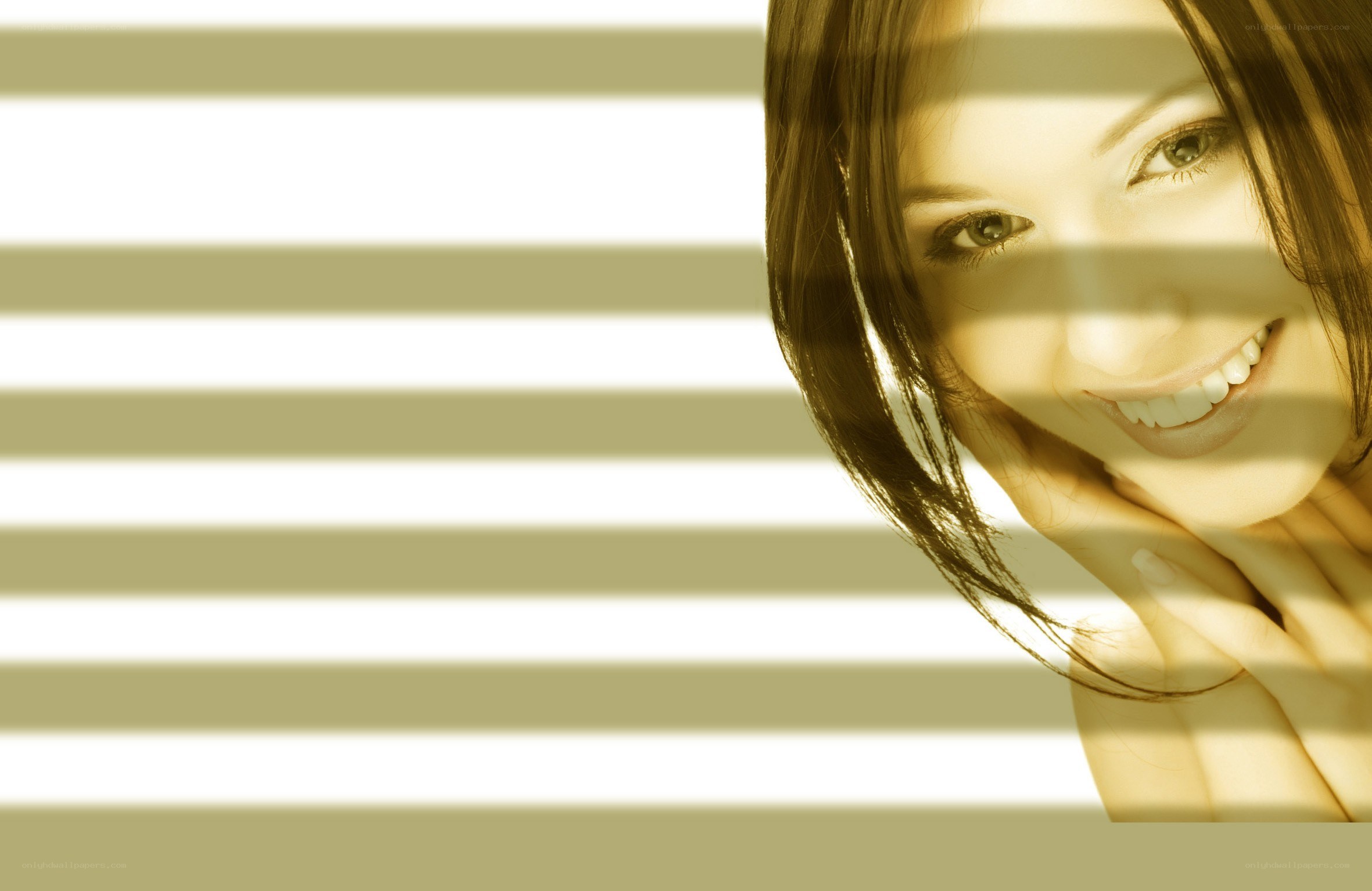 woman smiling behind blinds