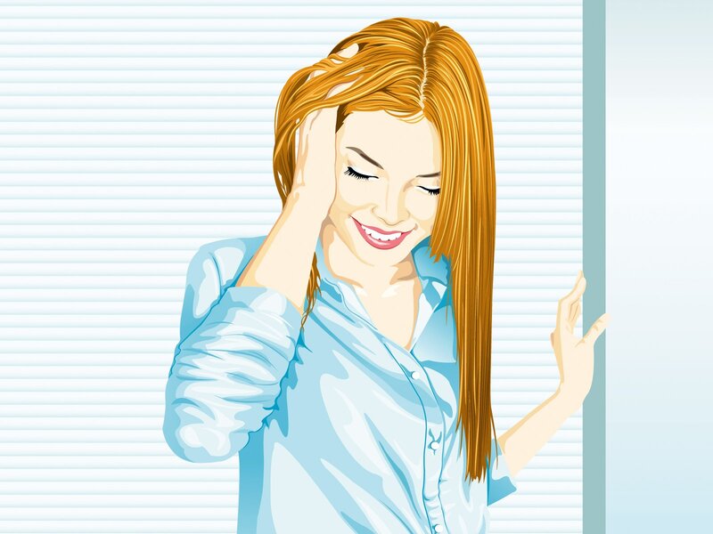 woman smiling with hand on head