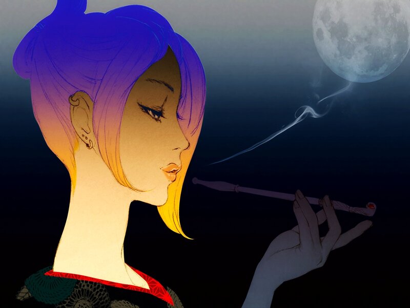 Woman Smoking a Pipe — Blue