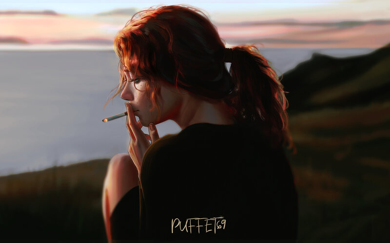 Woman Smoking at Sunset — Red
