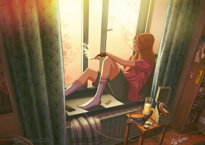Woman Smoking by Window — Orange