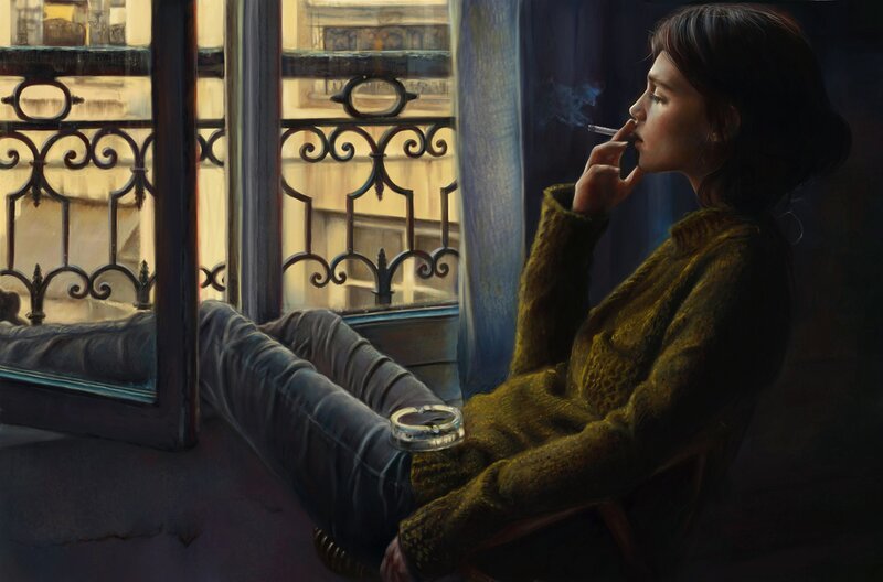Woman Smoking by Window — Yellow