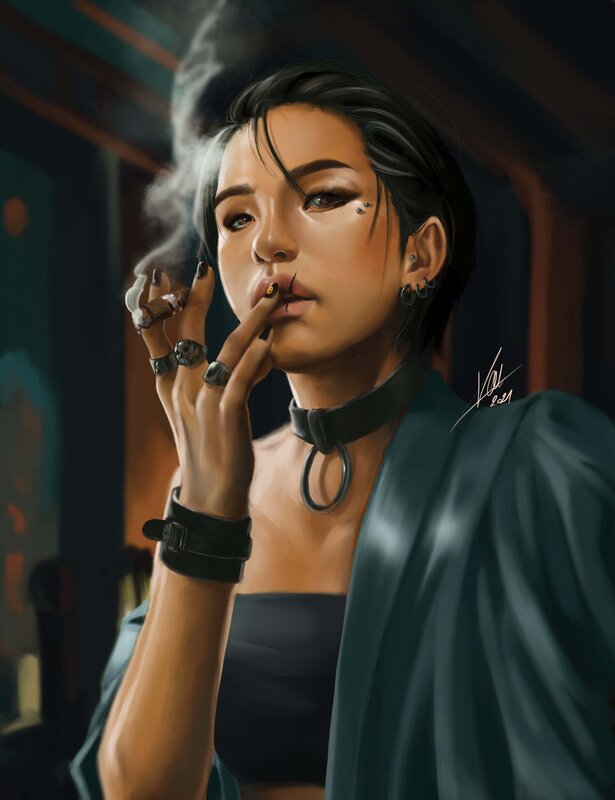 Woman Smoking Cigar — Black, Dramatic