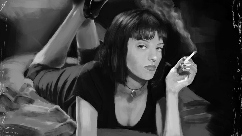 Woman Smoking Cigarette — Black, Dramatic, Digital Art, Necklace
