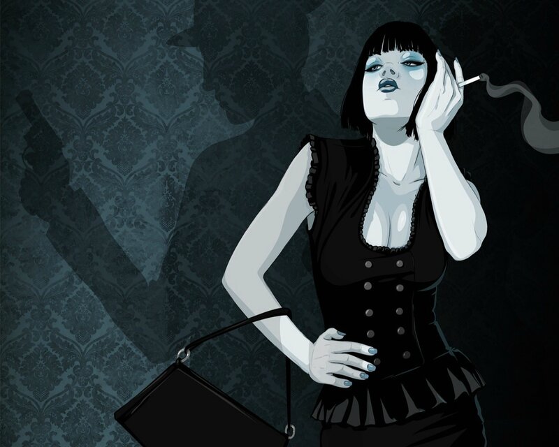 Woman Smoking Cigarette — Black, Dramatic, Night, Digital Art
