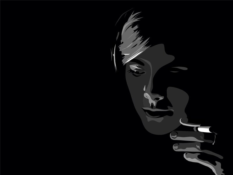 Woman Smoking Cigarette — Black, Dramatic, Night, Illustration