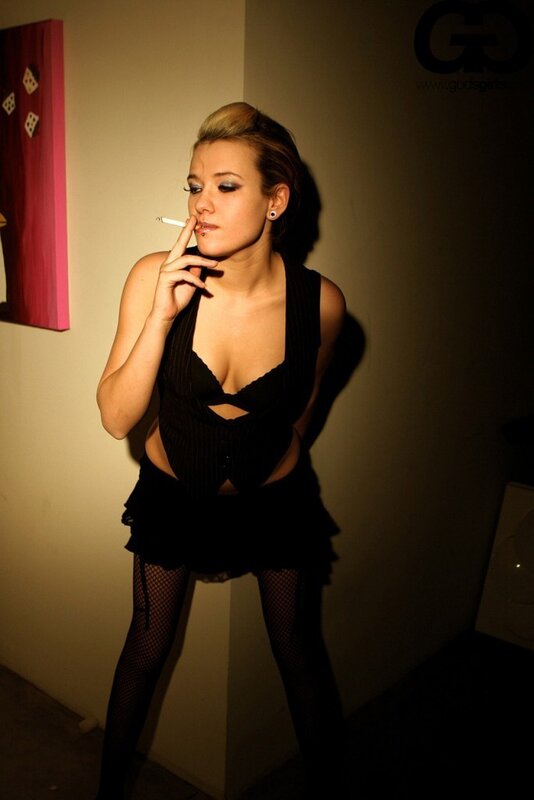 Woman Smoking Cigarette — Black, Dramatic, Night, Photograph, Fishnet Stockings