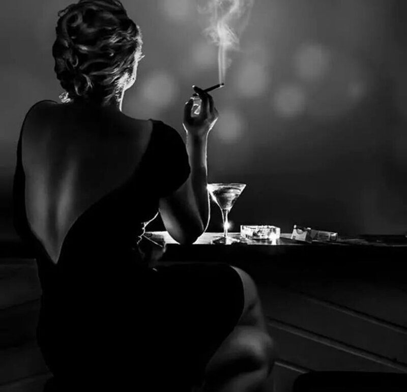 Woman Smoking Cigarette — Black, Dramatic, Night, Photograph, Martini Glass