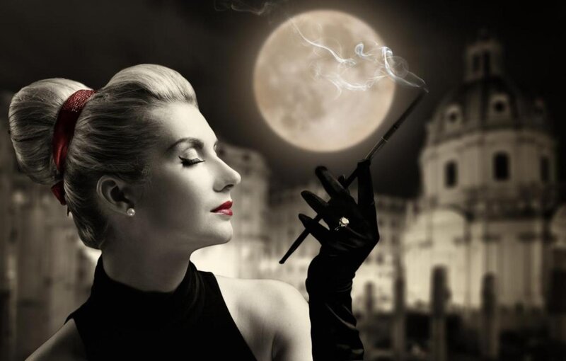 Woman Smoking Cigarette — Black, Dramatic, Night, Photograph, Moon