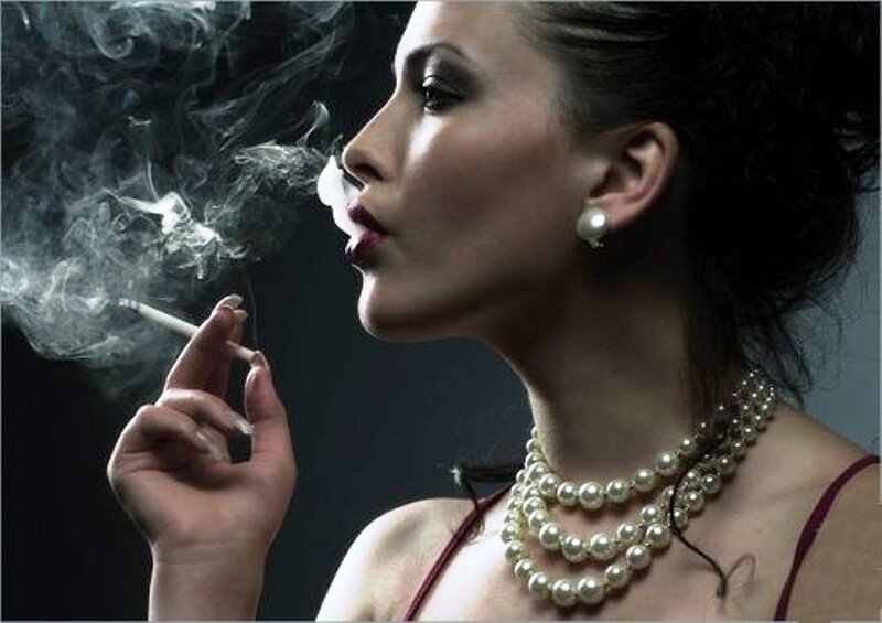 Woman Smoking Cigarette — Black, Dramatic, Night, Photograph, Pearl Necklace