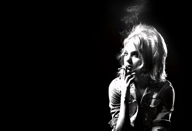 Woman Smoking Cigarette — Black, Dramatic, Night, Photograph, Smoke, Denim Jacket