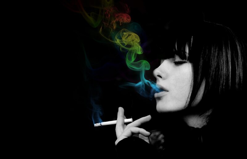 Woman Smoking Cigarette — Black, Dramatic, Night, Photograph, Smoke, White, Color
