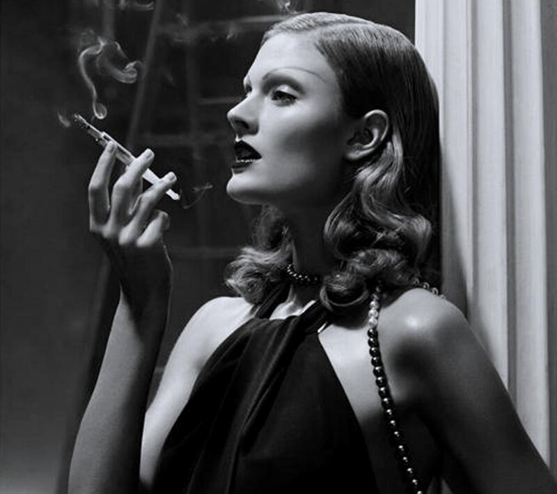 Woman Smoking Cigarette — Black, Dramatic, Photograph, Pearl Necklace