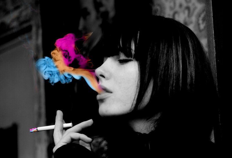 Woman Smoking Cigarette — Black, Dramatic, Photograph, Smoke, White, Color