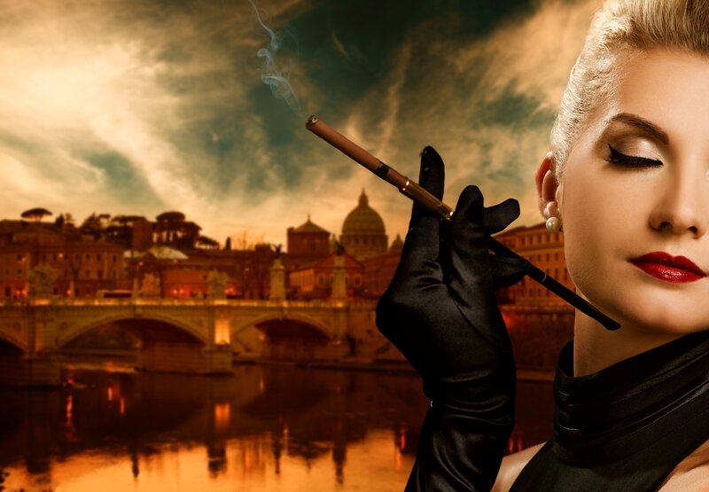 Woman Smoking Cigarette — Black, Dramatic, Sunset