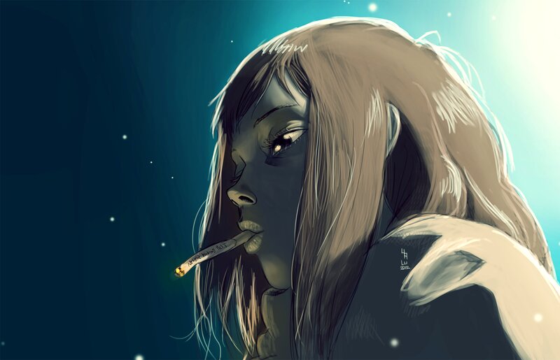 Woman Smoking Cigarette — Blue, Dramatic, Night
