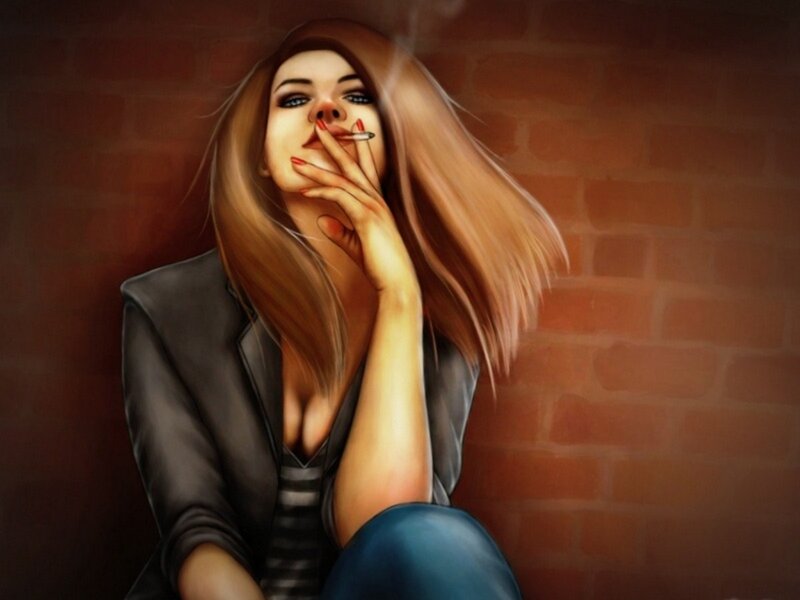Woman Smoking Cigarette — Brown, Dramatic, Digital Art