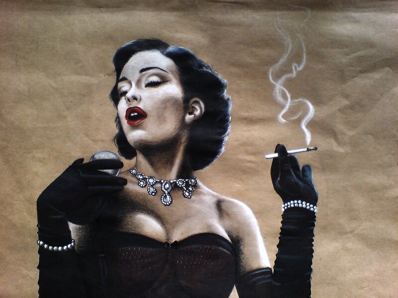 Woman Smoking Cigarette — Brown, Dramatic, Illustration