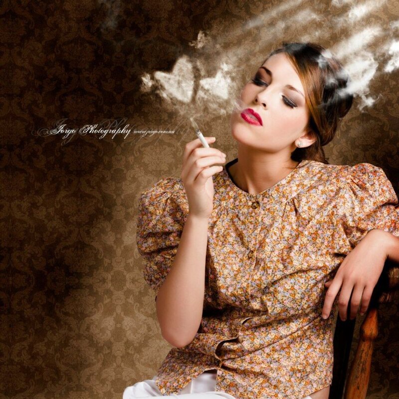 Woman Smoking Cigarette — Brown, Dramatic, Photograph, Smoke, Chair