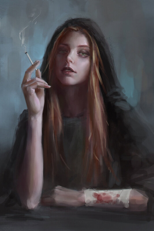 Woman Smoking Cigarette — Gray, Dramatic, Digital Art