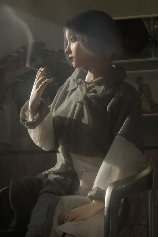 Woman Smoking Cigarette — Gray, Dramatic