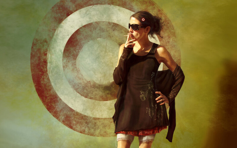 Woman Smoking Cigarette — Green, Dramatic