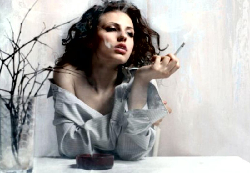 Woman Smoking Cigarette — White