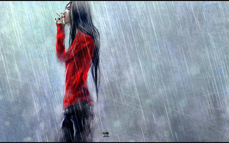 Woman Smoking in Rain — Red