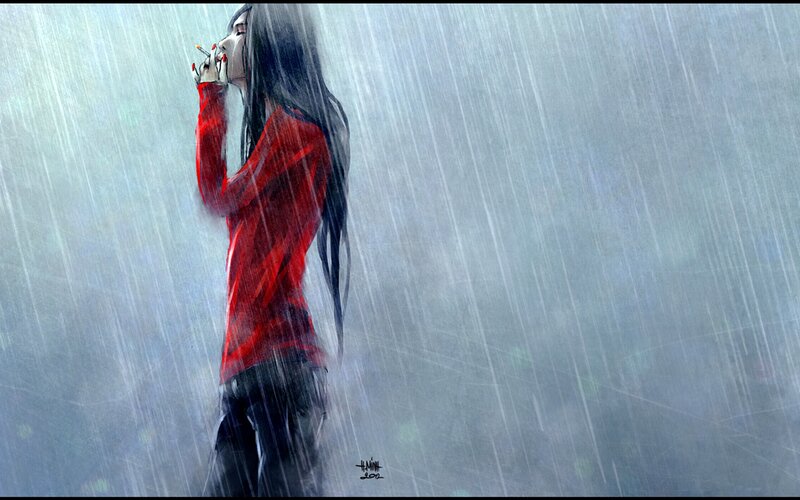 woman smoking in the rain